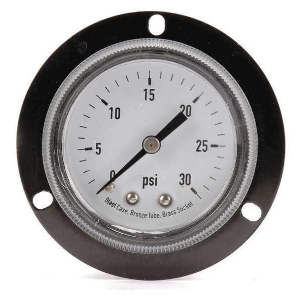 Zoro Select Pressure Gauge, 0 to 30 psi, 1/4 in MNPT, Steel, Black 4UA37