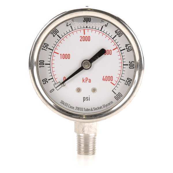 Zoro Select Pressure Gauge, 0 to 600 psi, 1/4 in MNPT, Stainless Steel, Silver 4CFH9