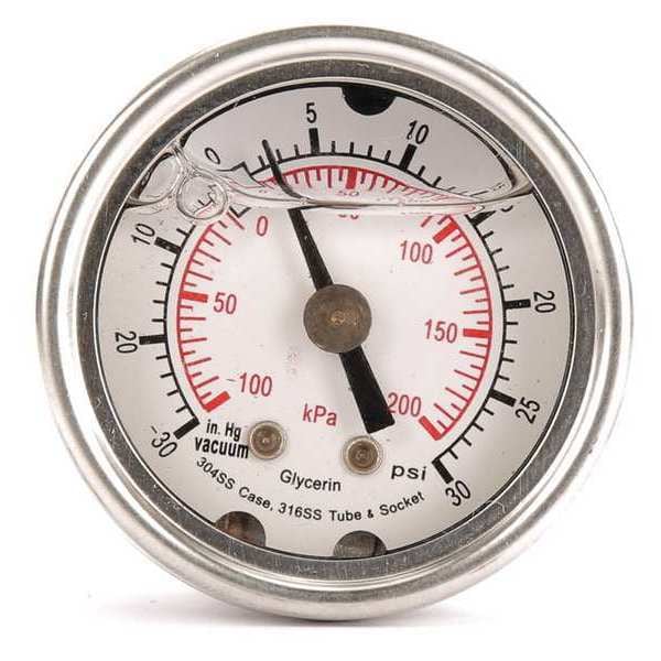 Zoro Select Compound Gauge, -30 to 0 to 30 in Hg/psi, 1/8 in MNPT, Stainless Steel, Silver 4CFL2