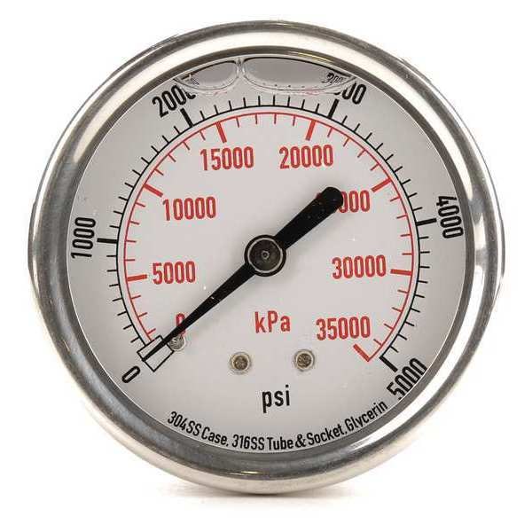 Zoro Select Pressure Gauge, 0 to 5000 psi, 1/4 in MNPT, Stainless Steel, Silver 4CFU6