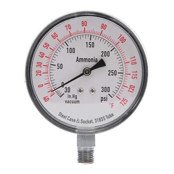 Zoro Select Compound Gauge, 30 to 0 to 300 in Hg/psi, 1/4 in MNPT
