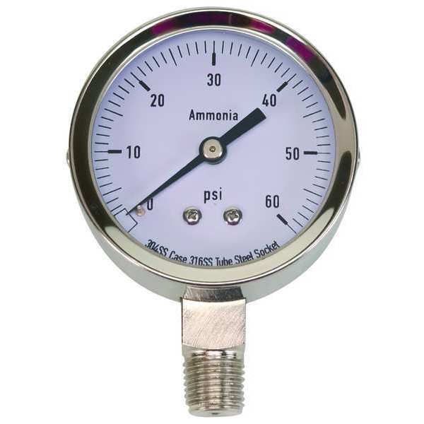 Zoro Select Pressure Gauge, 0 to 60 psi, 1/4 in MNPT, Stainless Steel, Silver 4CFW3