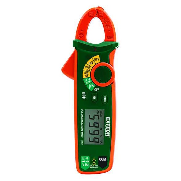 Extech Clamp Meter, Backlit LCD, 60 A, 0.7 in (18 mm) Jaw Capacity, Cat III 300V Safety Rating MA61