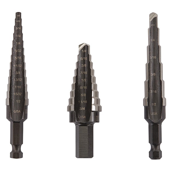 Irwin Step Drill Bit Set, Bright Finish, High Speed Steel, Black Oxide