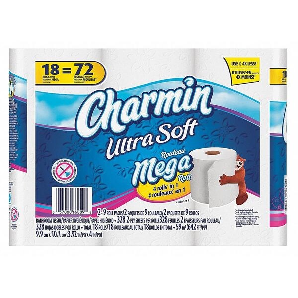 Charmin Toilet Paper Ultra Soft, Mega Roll, PK18, 18 PK 94049 Zoro