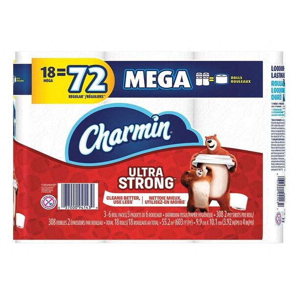 Charmin Toilet Paper Ultra Strong, Mega Roll, PK18, 18 PK 94143 Zoro