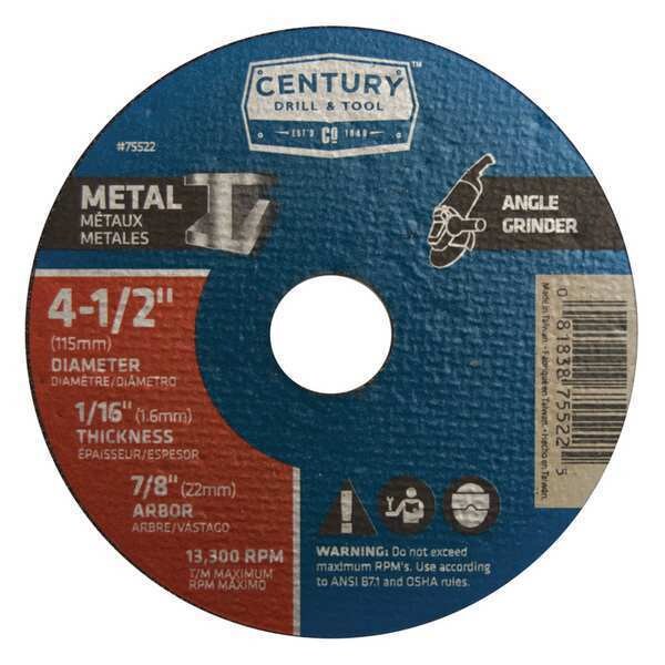 Century Drill & Tool Metal Cutting Wheel, 41/2x1/16in, Type 1A 75522