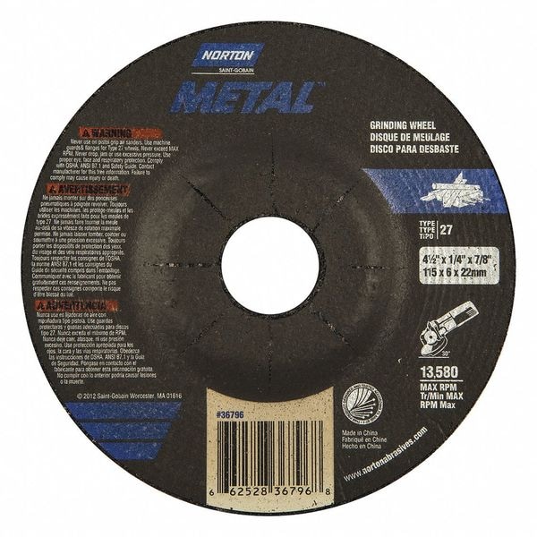 Norton Abrasives Depressed Center Wheel, Type 27, 4 1/2 in Dia, 0.25 in Thick, 7/8 in Arbor Hole Size 66252836796