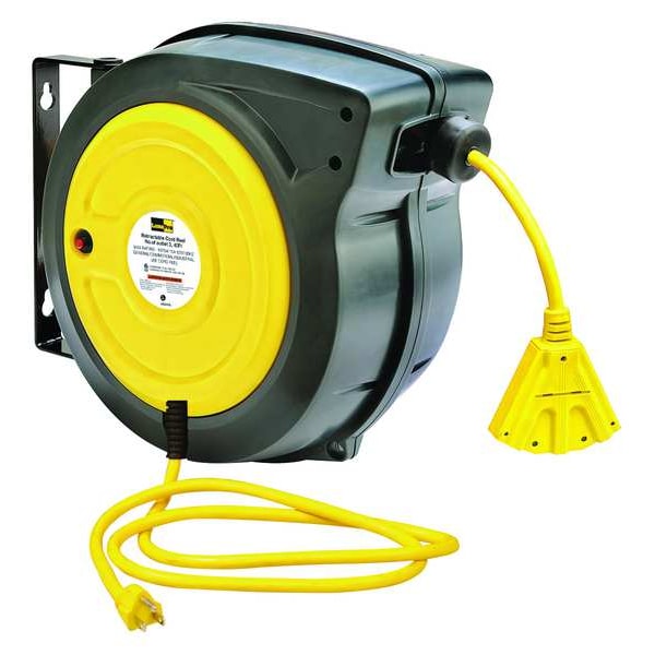 Zoro Select Cord Reel w/ Hand Lamp, Spring Retracted, NEMA 5-15R, 12 AWG, Yellow Reel, 40 ft (Formerly LumaPro) 443P47