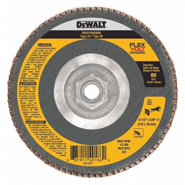 Dewalt Flap Disc, Type 29, Ceramic, 41/2In Dia. DWAFV84580H Zoro