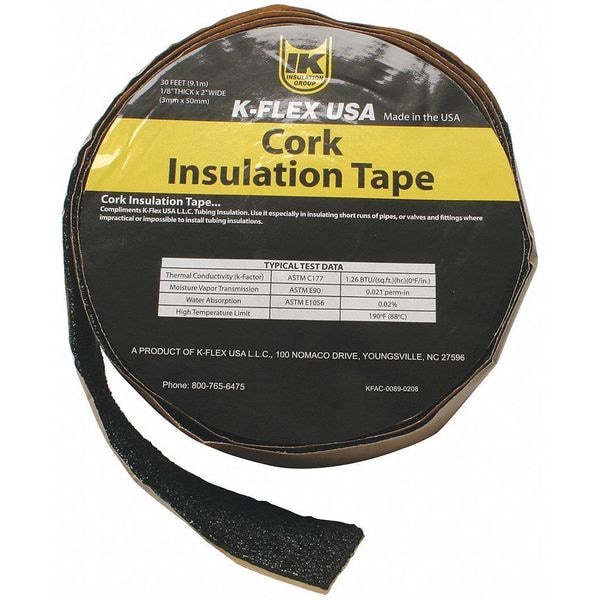K-Flex Usa Pipe Insulation Tape, 30 ft Overall Lg, 2 in Overall Wd, 130 mil Thick, Cork, Black 800-TAPE-CRK