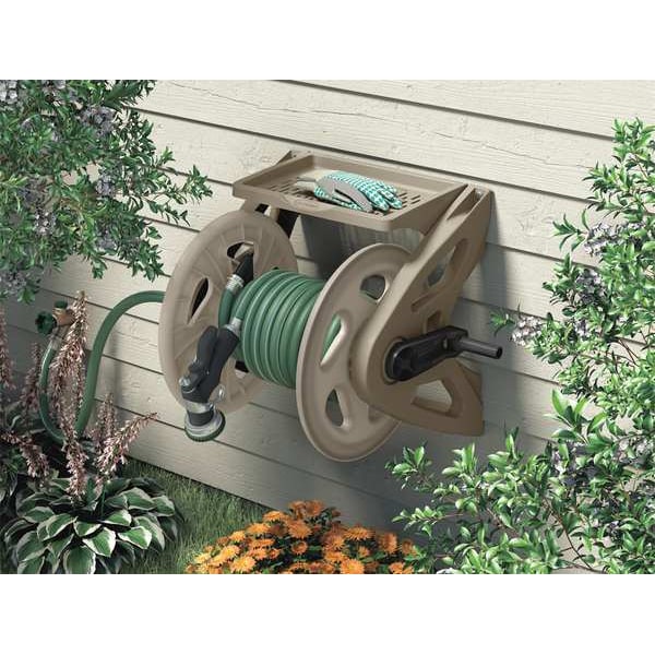 Suncast 125 Foot Wall Mounted Side Tracker 5/8 Inch Garden Hose Reel For 5 8 Hose With Guide For Patio Or Garden Dark Taupe 4 Pack