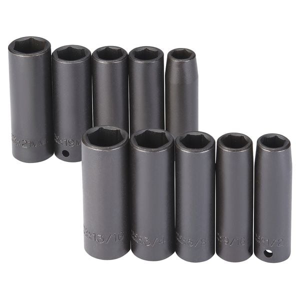 Proto J74201 113.14 1/2 in Drive Impact Socket Set, Metric, SAE, 10