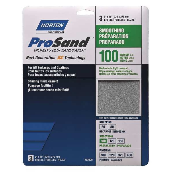 Norton Abrasives Sandpaper Sheet, Fine, 100 Grit, PK3 07660768162