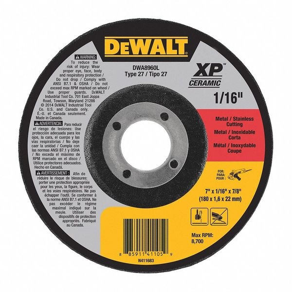 Dewalt 7" x 1/16" x 7/8" Type 27 Metal / Stainless Cutting Wheel DWA8960L