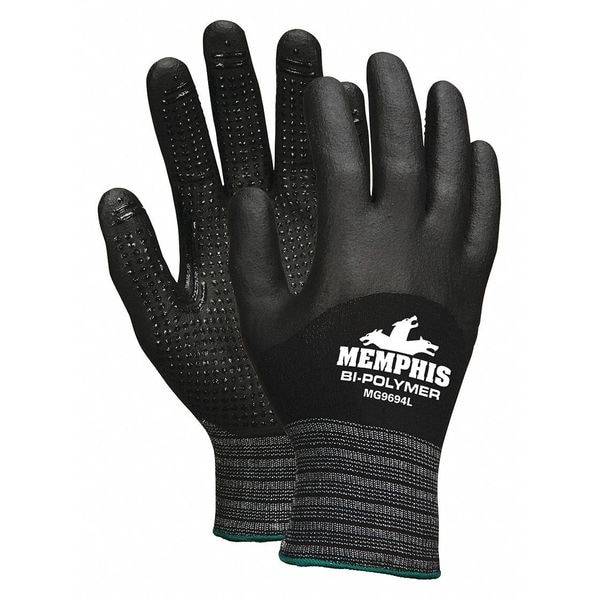 Mcr Safety BiPolymer/Nitrile Coated Gloves, 3/4 Dip Coverage, Black