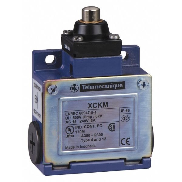 Telemecanique Sensors Limit Switch, Plunger, 1NC/1NO, 10A @ 240V AC, Actuator Location: Top XCKM110H7