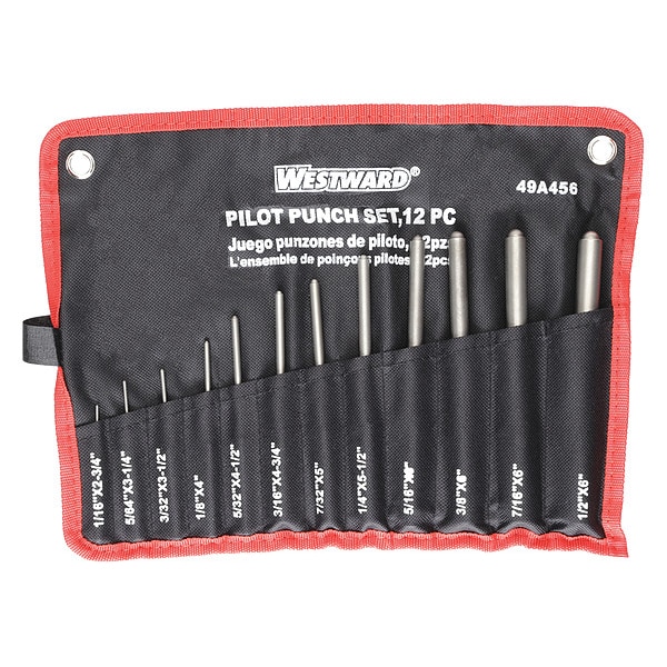 Westward Pilot Punch Set, Alloy Steel, 12 Pc 49A456