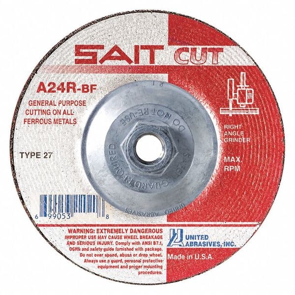 United Abrasives/Sait Depressed Center Wheels, Type 27, 4-1/2" Dia, 3/32" Thick, 5/8"-11 Arbor Hole Size, Aluminum Oxide 22120