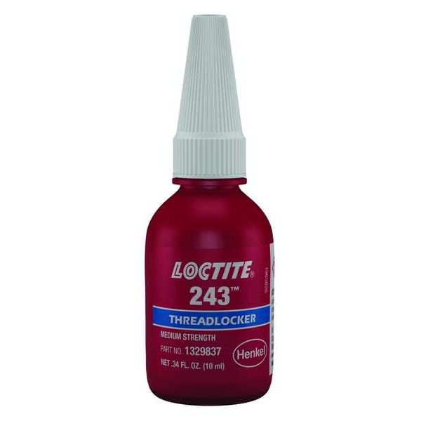 Loctite Primerless Threadlocker, LOCTITE 243, Blue, Medium Strength, Liquid, 10 mL Bottle 1329837