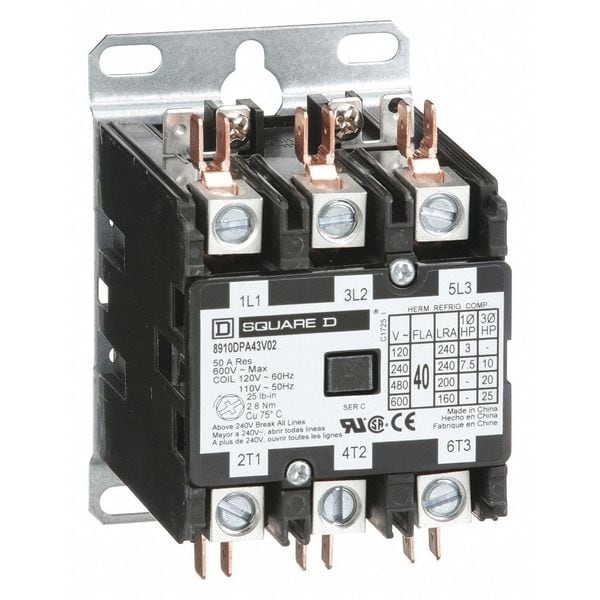 Square D Definite Purpose Magnetic Contactor, 3 Poles, 40 A Full Load Amps-Inductive, 120V AC, 50/60 Hz 8910DPA43V02