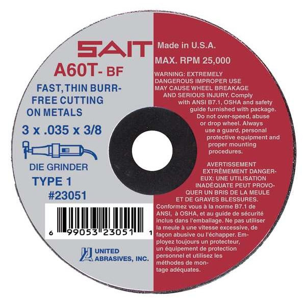 United Abrasives/Sait SAIT 23068 A60T  Burr Free Thin High Speed Cut-Off Wheels 4" x 1/16" x 1/4", 5-Pack 23068