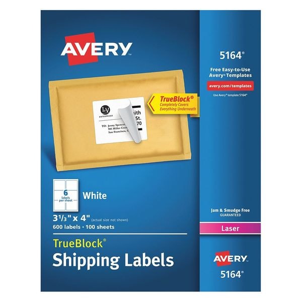 Avery Avery® Shipping Labels with TrueBlock® Technology for Laser Printers 5164, 3-1/3" x 4", 600 Labels 7278205164