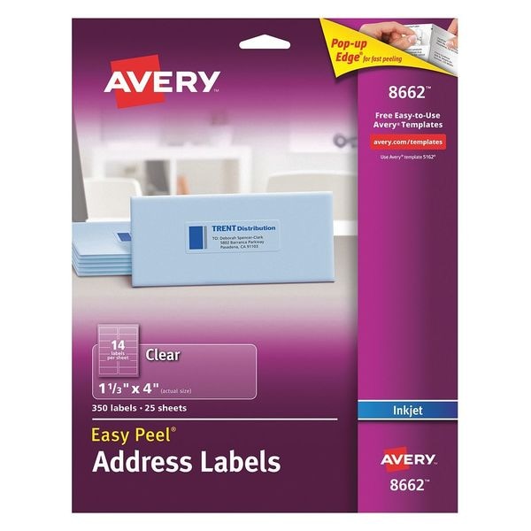 Avery Avery® Clear Easy Peel® Address Labels for Inkjet Printers 8662, 1-1/3" x 4", Pack of 350 727828662