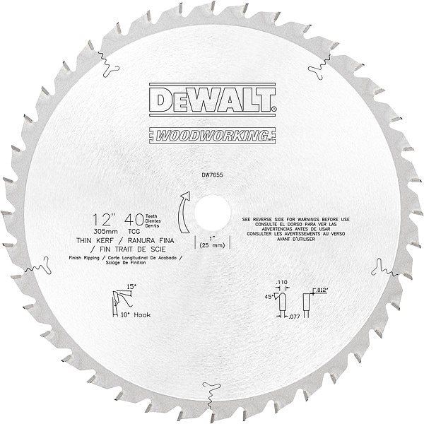 Dewalt 12" 40T Finish Ripping Woodworking Saw Blade DW7655