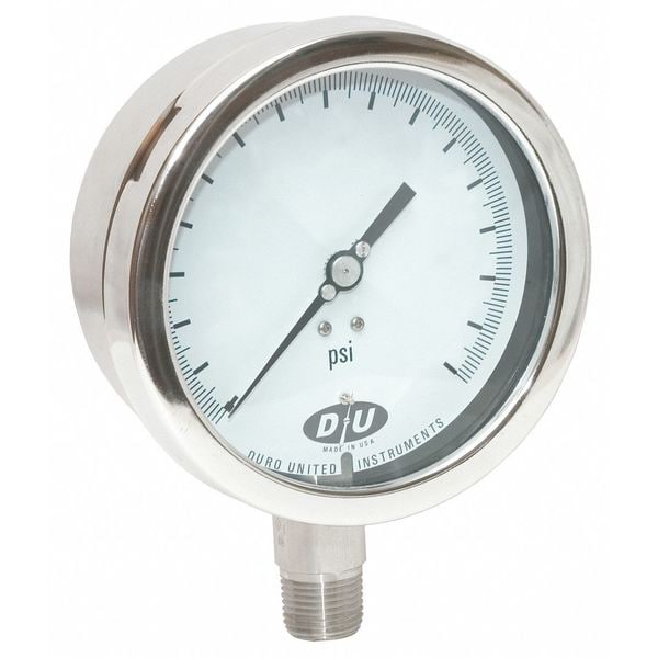 Duro Pressure Gauge, 0 to 10,000 psi, 1/2 in MNPT, Stainless Steel, Silver 4207-1833-CERT
