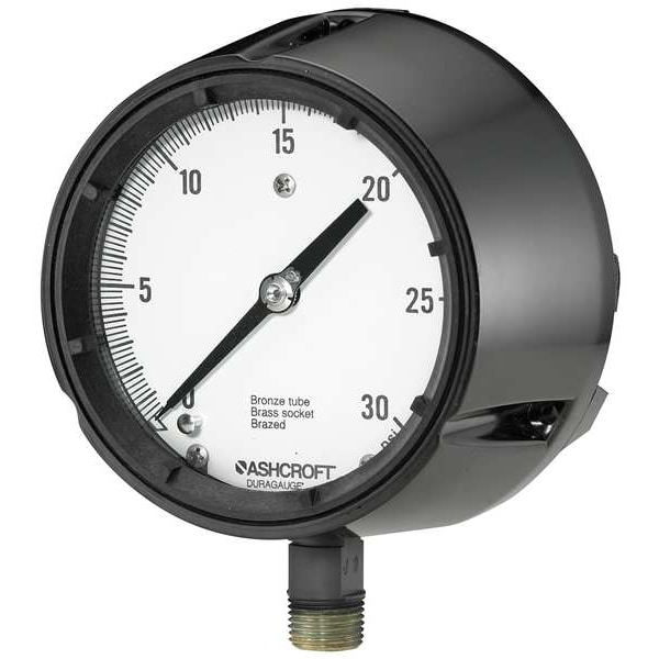 Ashcroft Pressure Gauge, 0 to 30 psi, 1/2 in MNPT, Plastic, Black