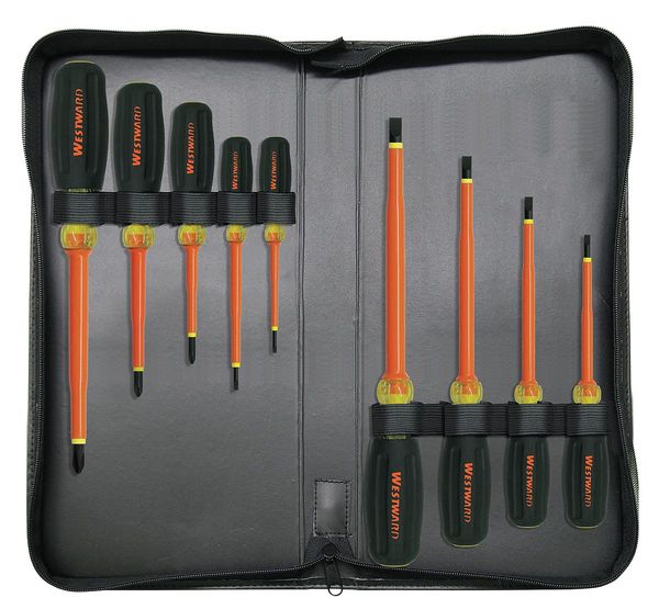 Westward Insulated Screwdriver Set, Slotted/Phillips, 9 pcs 5UFX6