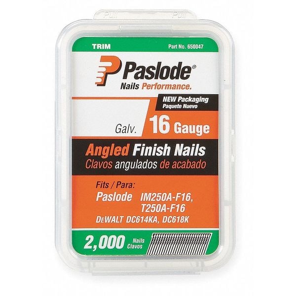 Paslode Collated Finishing Nail, 2-1/2 in L, 16 ga, Zinc Galvanized, T-Head Head, 20 Degrees, 2000 PK 650232