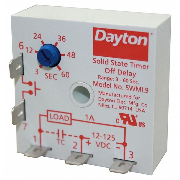 Dayton 5WML9 23.22 Encapsulated Timer Relay, 1A, Solid State, Hz Not