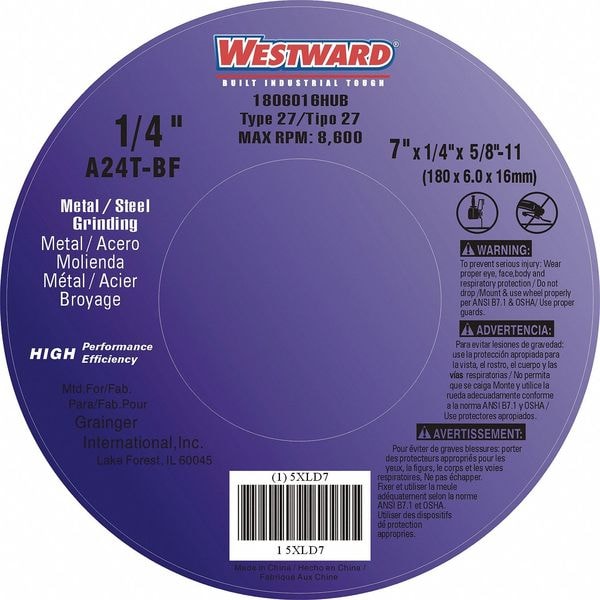 Westward Depressed Center Wheels, Type 27, 7 in Dia, 1/4" Thick, 5/8"-11 Arbor Hole Size, Aluminum Oxide 5XLD7