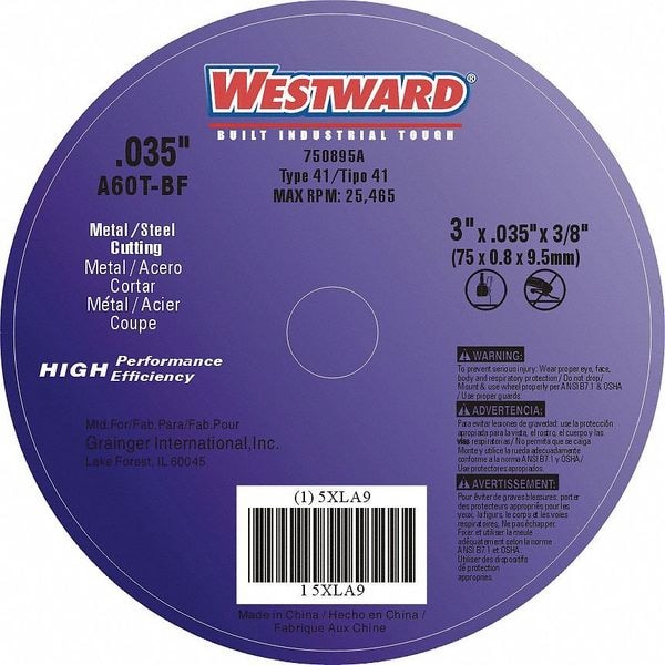 Westward CutOff Wheel, A60T, 3"x.035"x3/8", 25465rpm 5XLA9