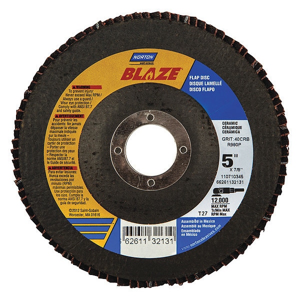 Norton Abrasives Flap Disc, Coarse, 40 Grit, 5