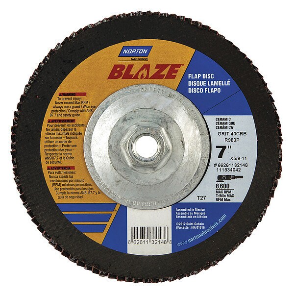 Norton Abrasives Flap Disc, Coarse, 40 Grit, 7