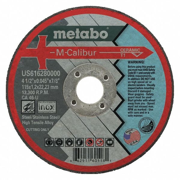 Metabo Abrasive Cut-Off Wheel, Type 1, 4 1/2 in Dia, 0.045