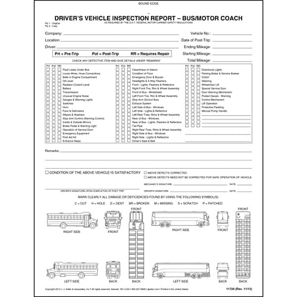 Jj Keller Motor Coach Vehicle Inspection Report 11726 | Zoro