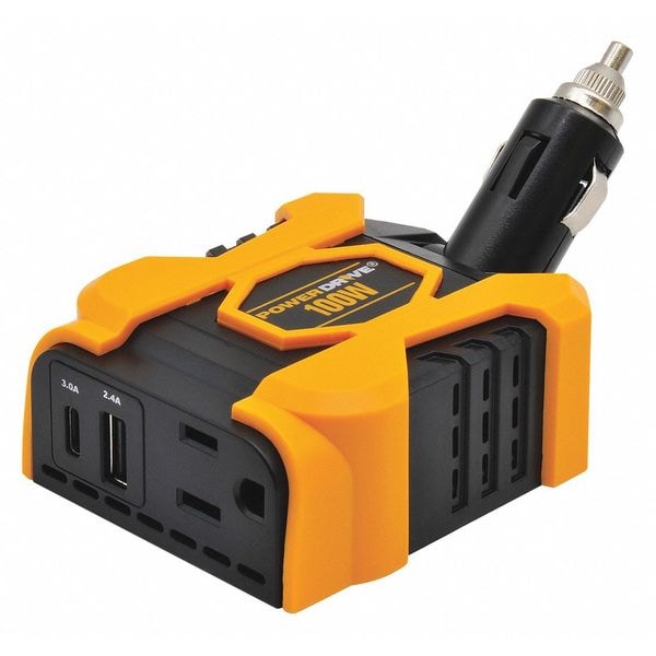 POWERDRIVE 100W Direct Plug Power Inverter, Modified Sine Wave, 115V AC, Standard 3Prong Outlet