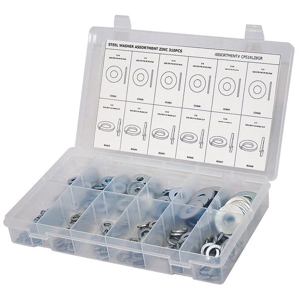 Zoro Select Flat and Split Lock Washer Assortment, Steel, Zinc Plated