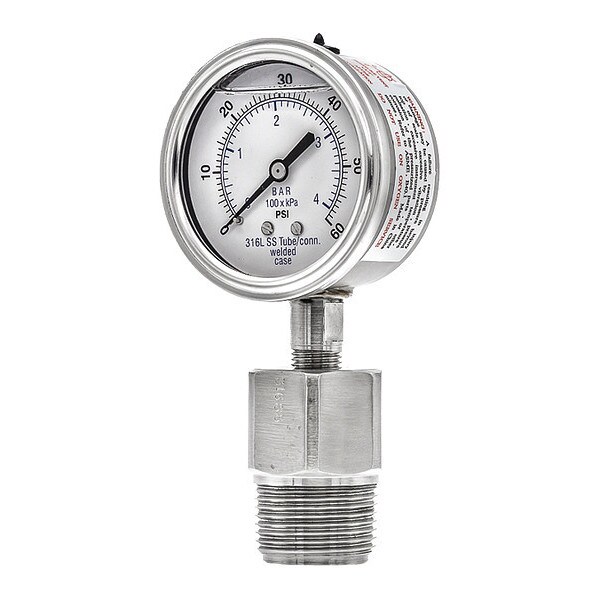2 Inch Pressure Gauge - 4000 PSI, 1/4 NPT, Chrome Steel Case, Side/Bottom Mount