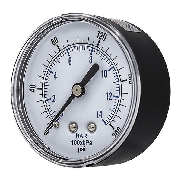 Pic Gauges Pressure Gauge, 0 to 200 psi, 1/4 in BSPT, Black SEP102D