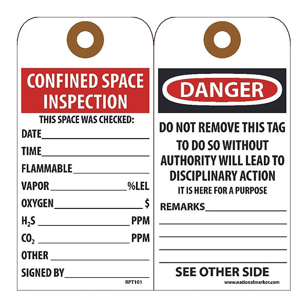 Nmc Danger Confined Space Inspection Tag, Pk25 RPT101G