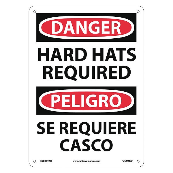 Nmc Danger Hard Hats Required Sign, Bilingual, 14 in Height, 10 in Width, Aluminum ESD689AB