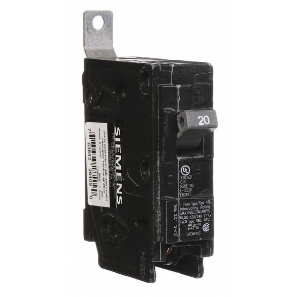Siemens Miniature Circuit Breaker, 20 A, 120/240V AC, 1 Pole, Bolt On Mounting Style, BL Series B120HH