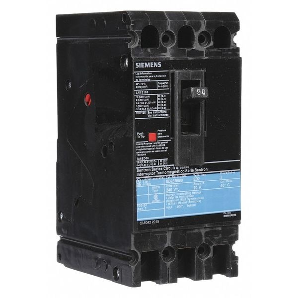 Siemens Molded Case Circuit Breaker, 90A, 240V AC, 3 Pole, Lug In Panelboard Mounting Style, ED2 Series ED23B090