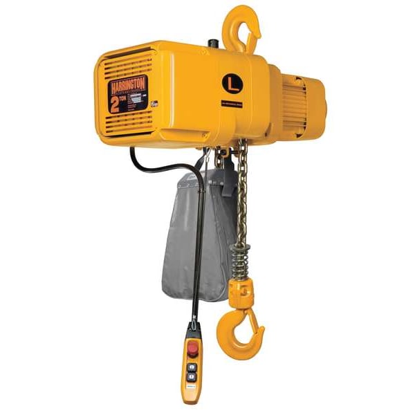 Harrington Electric Chain Hoist, 4,000 lb, 10 ft, Hook Mounted - No Trolley, Yellow NER020LD-10