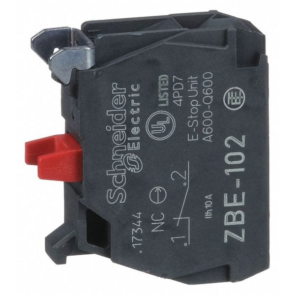 Schneider Electric Contact Block, Momentary, 1NC, 22 mm, 10A @ 600V AC, Screw/Clamp Terminal, A600/Q600, Black/Red ZBE102